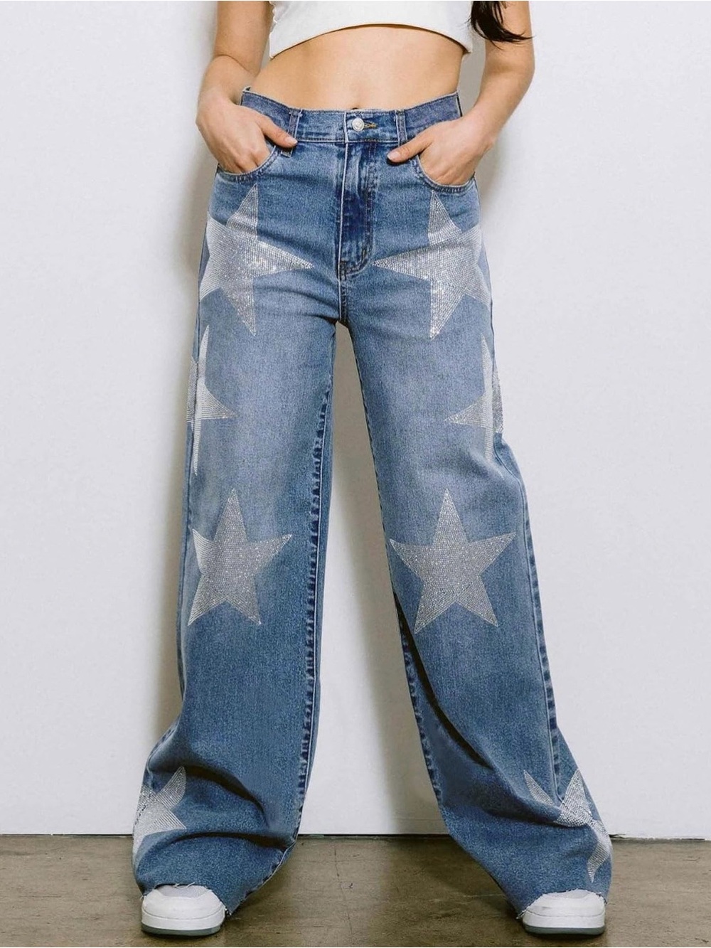 Y2K Rhinestone Star Baggy Wide Leg Jeans High Rise Blue Denim Mcbling Festival